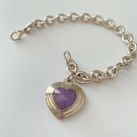 Vintage 925 Sterling Silver Purple Jade Heart Charm Rolo Link Bracelet 7.75" - Picture 5 of 5